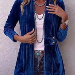 Velvet open-front long-sleeve lapel jacket with gold button accents, royal blue
