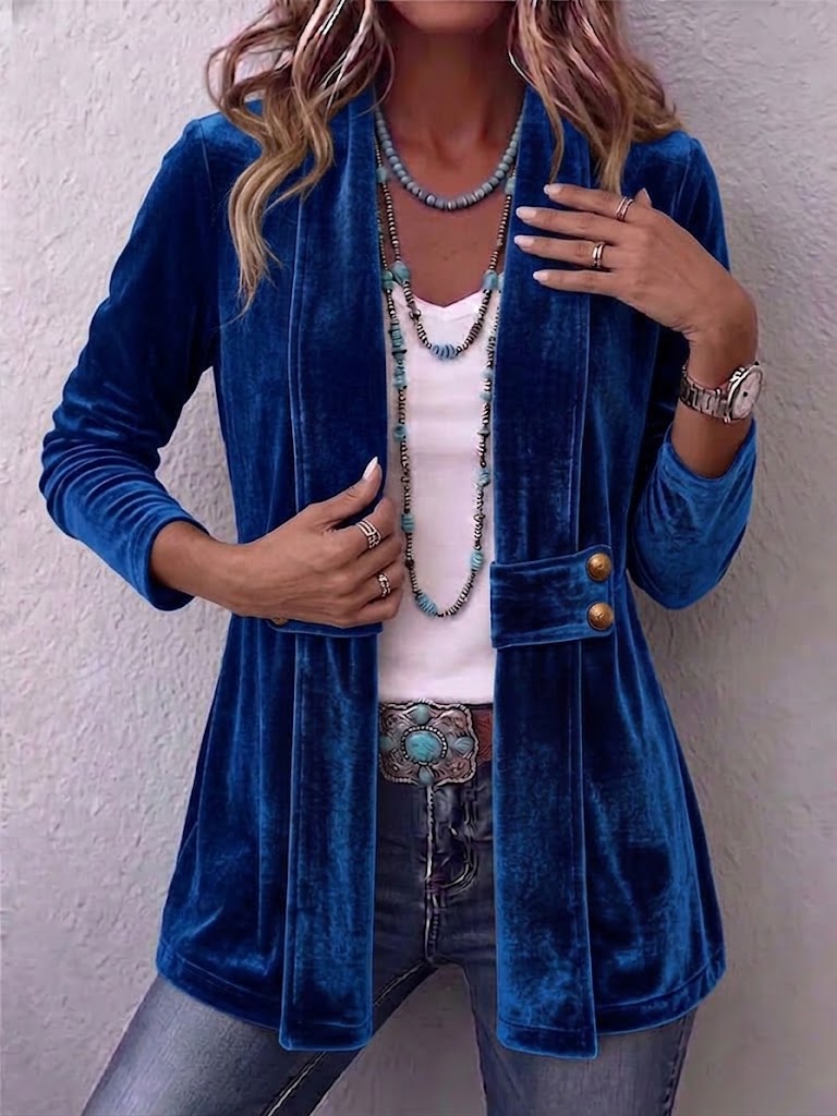 Velvet open-front long-sleeve lapel jacket with gold button accents, royal blue