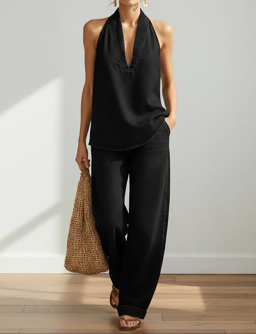 Black denim sleeveless V-neck top and relaxed wide-leg pants two-piece set