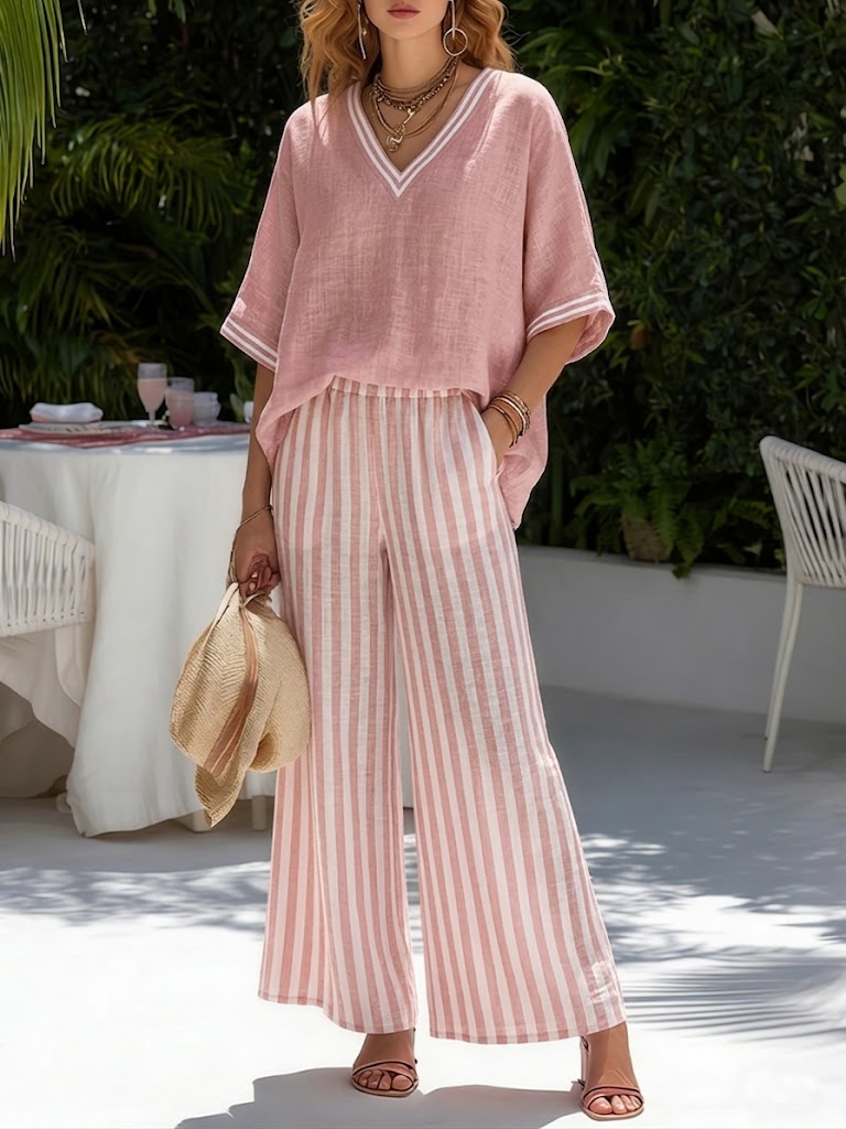 Completo rosa: top in lino con scollo a V e pantaloni a righe rosa e bianche