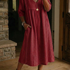 Abito maxi linea A rosso con scollo a V e maniche a 3/4