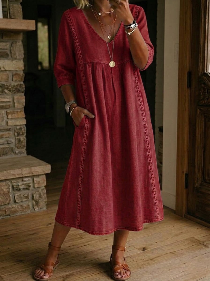 Abito maxi linea A rosso con scollo a V e maniche a 3/4