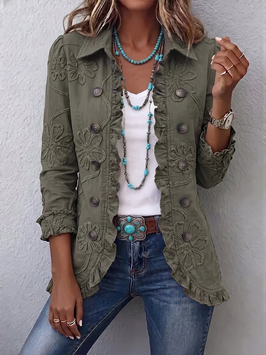 Olive utility jacket with floral embroidery, button front and ruffled cuffs
