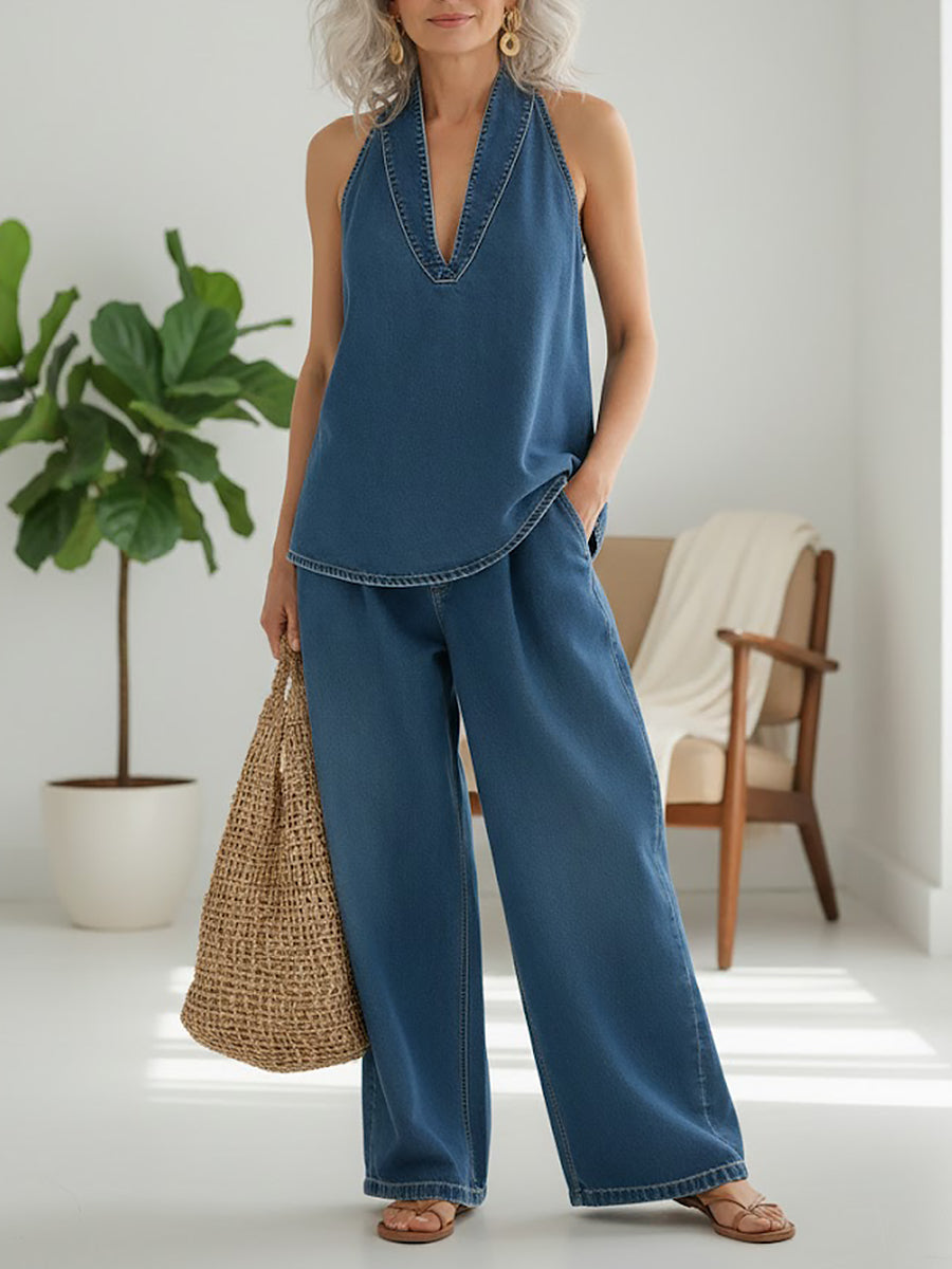 Blue washed denim sleeveless V-neck top with matching wide-leg pants two-piece set