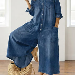 Washed blue denim button-through maxi dress with collar and front patch pockets