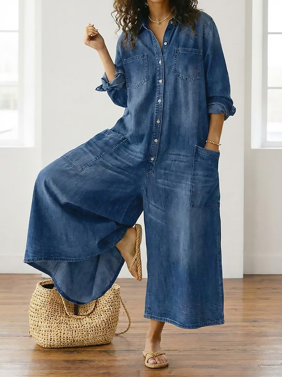 Washed blue denim button-through maxi dress with collar and front patch pockets