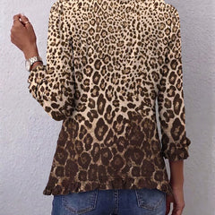 Leopard print ruffled button jacket, back view with 3/4 sleeves