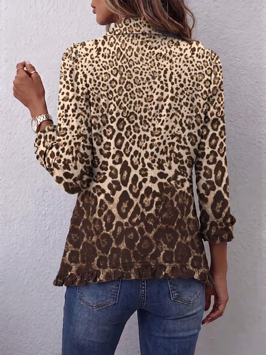 Leopard print ruffled button jacket, back view with 3/4 sleeves
