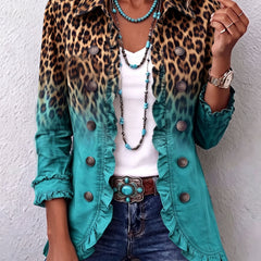 Turquoise ombre leopard ruffle blazer jacket with button front, long sleeves, patch pockets