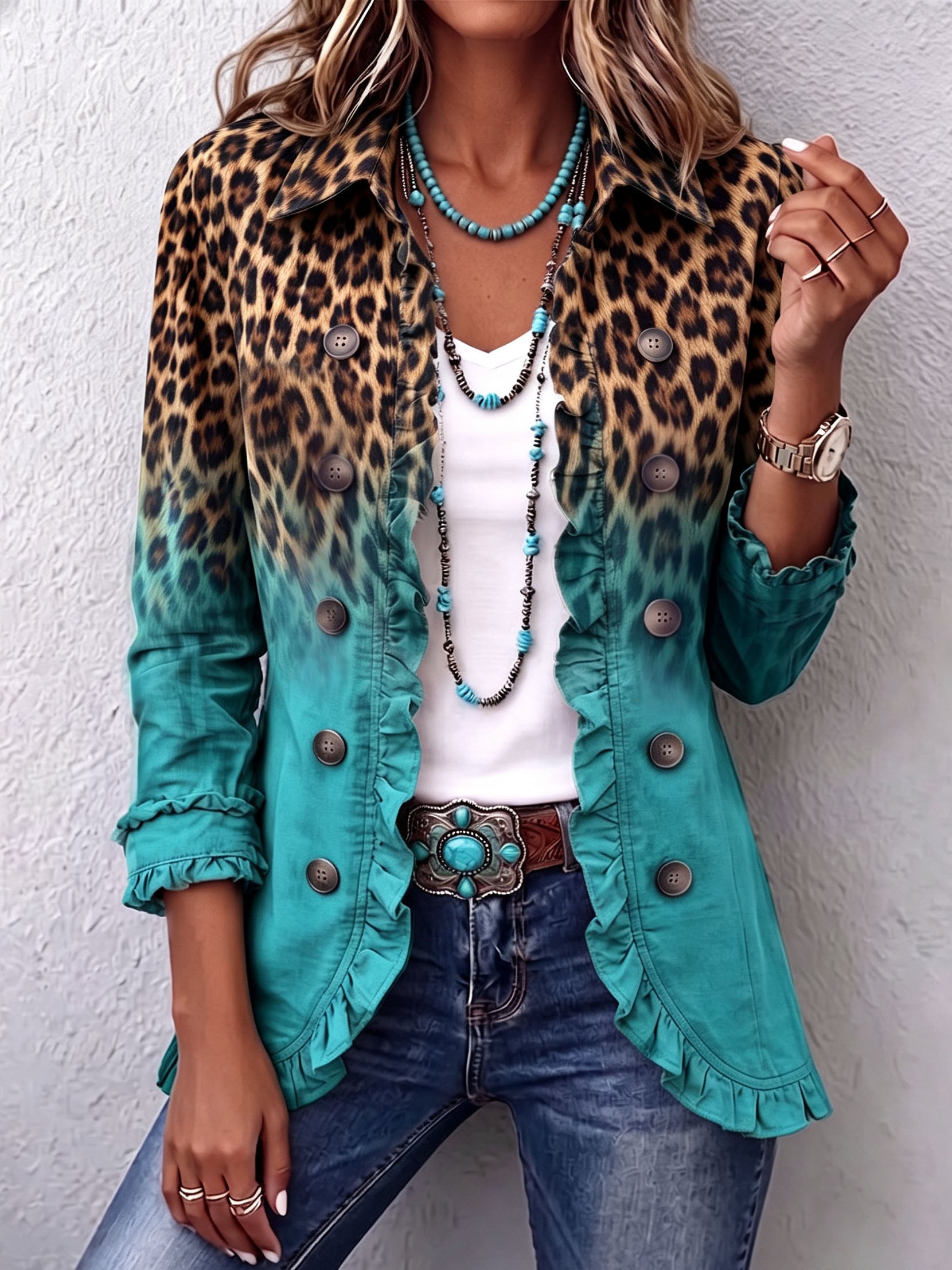 Turquoise ombre leopard ruffle blazer jacket with button front, long sleeves, patch pockets