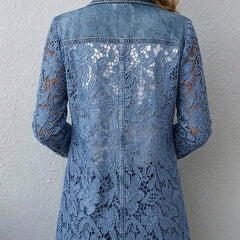 Denim blue blazer with floral lace back, button detail, long sleeves