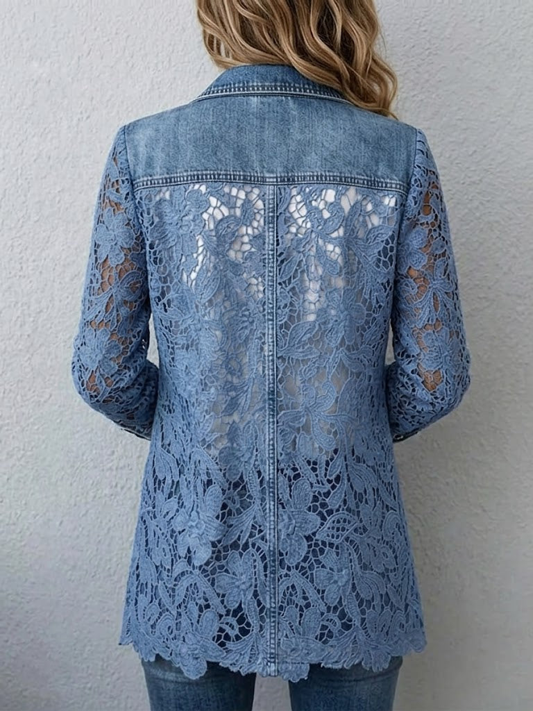 Denim blue blazer with floral lace back, button detail, long sleeves