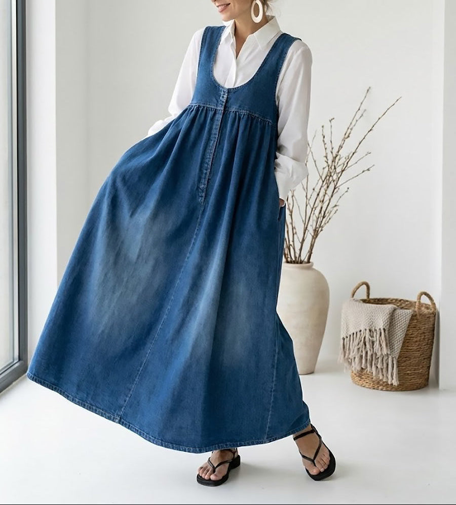 Dark blue denim maxi dress over white blouse, sleeveless with gathered skirt and buttons
