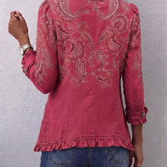 Rose pink paisley ruffle jacket, back view with button placket and gathered hem