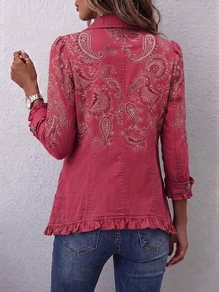 Rose pink paisley ruffle jacket, back view with button placket and gathered hem