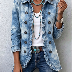 Blue vintage denim jacket with ruffled front, button closure, 3/4 sleeves
