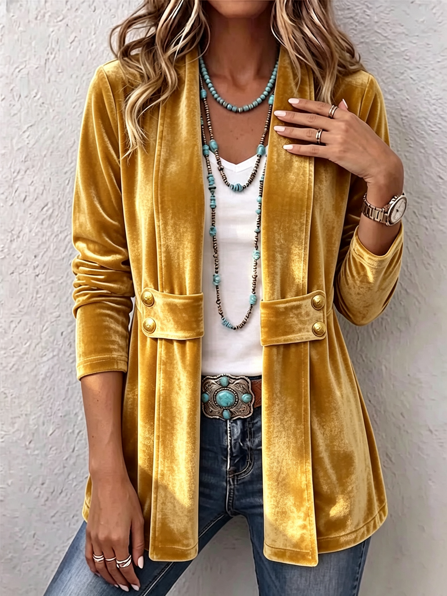 Velvet open-front long-sleeve lapel jacket with gold button accents, gold