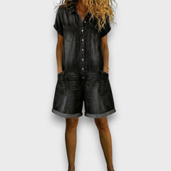Denim-look short overalls in dark charcoal black with button front and two chest patch pockets