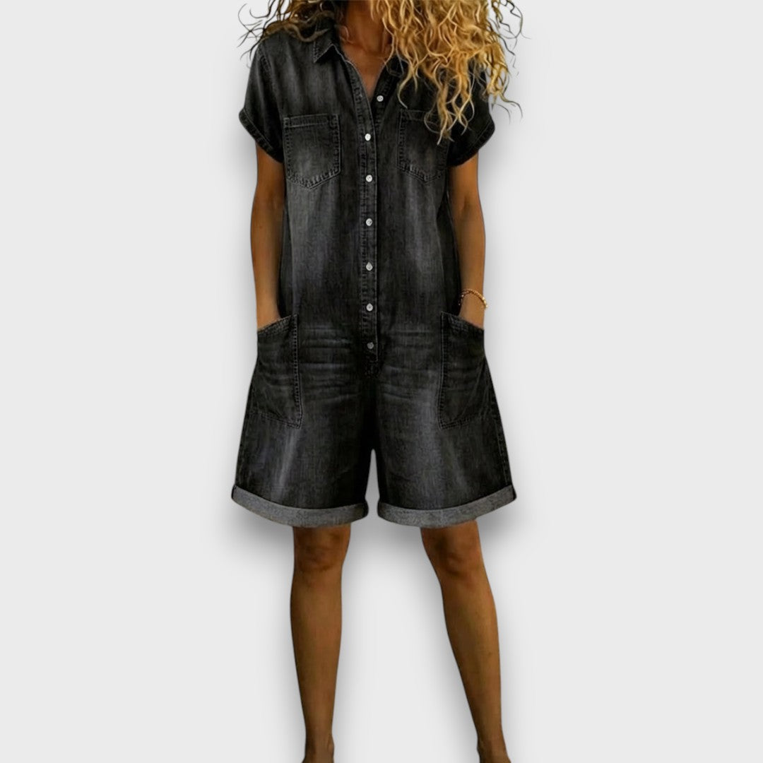 Denim-look short overalls in dark charcoal black with button front and two chest patch pockets