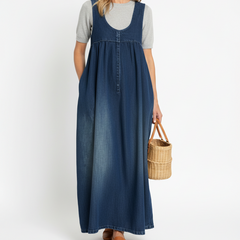 Blue denim maxi dress with scoop neck, sleeveless bodice and gathered skirt seams