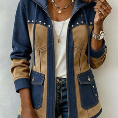 Patchwork hooded jacket, navy and camel with front pockets and snap-stud trim