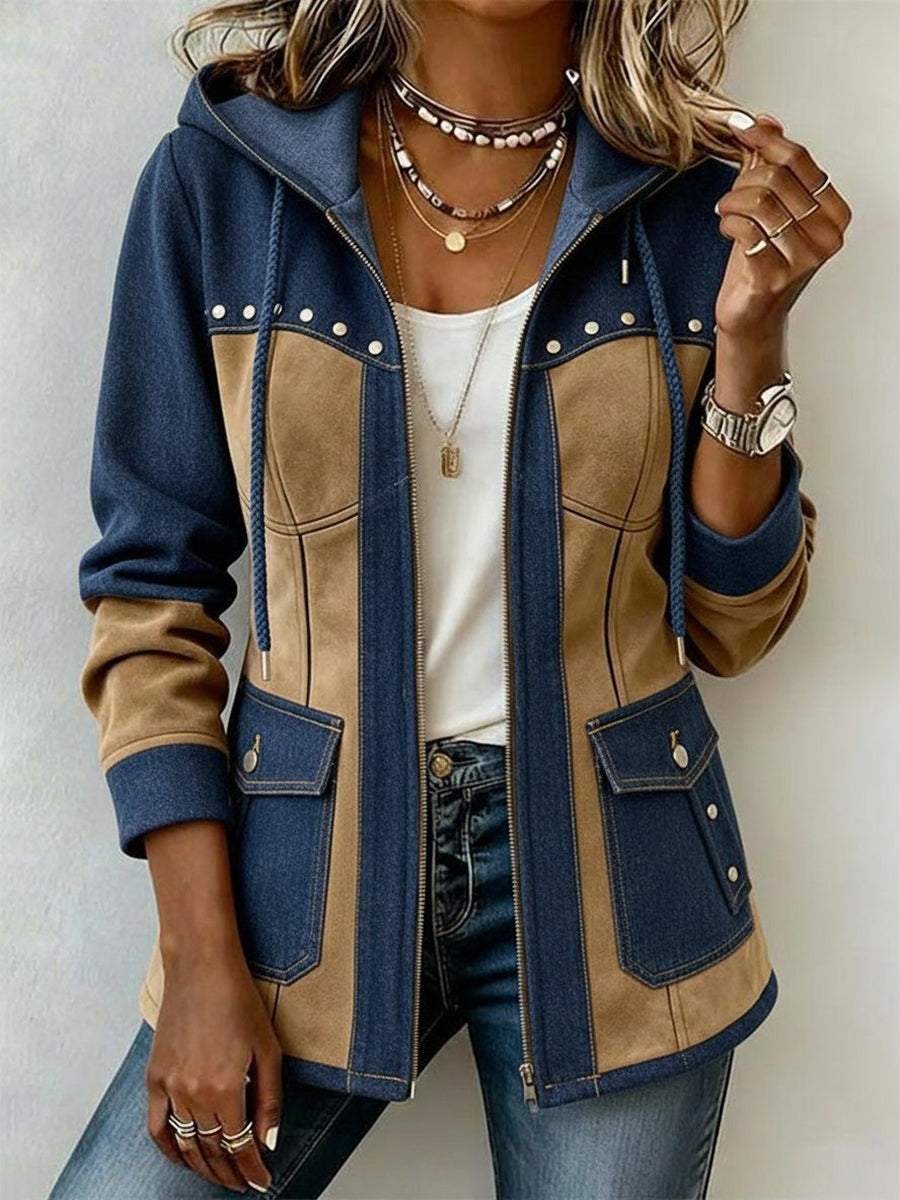 Patchwork hooded jacket, navy and camel with front pockets and snap-stud trim