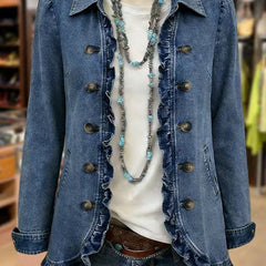 Medium-blue denim ruffled jacket with button-front and side pockets