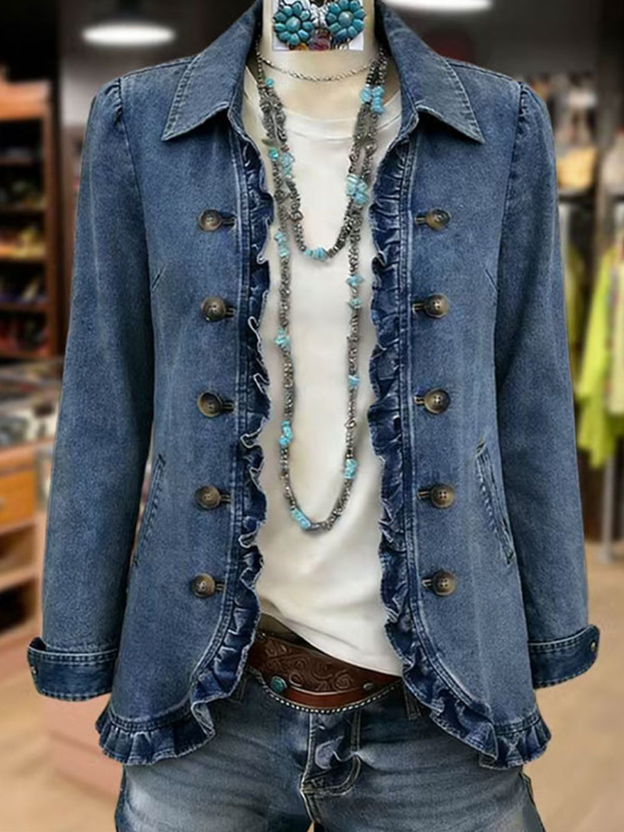 Medium-blue denim ruffled jacket with button-front and side pockets