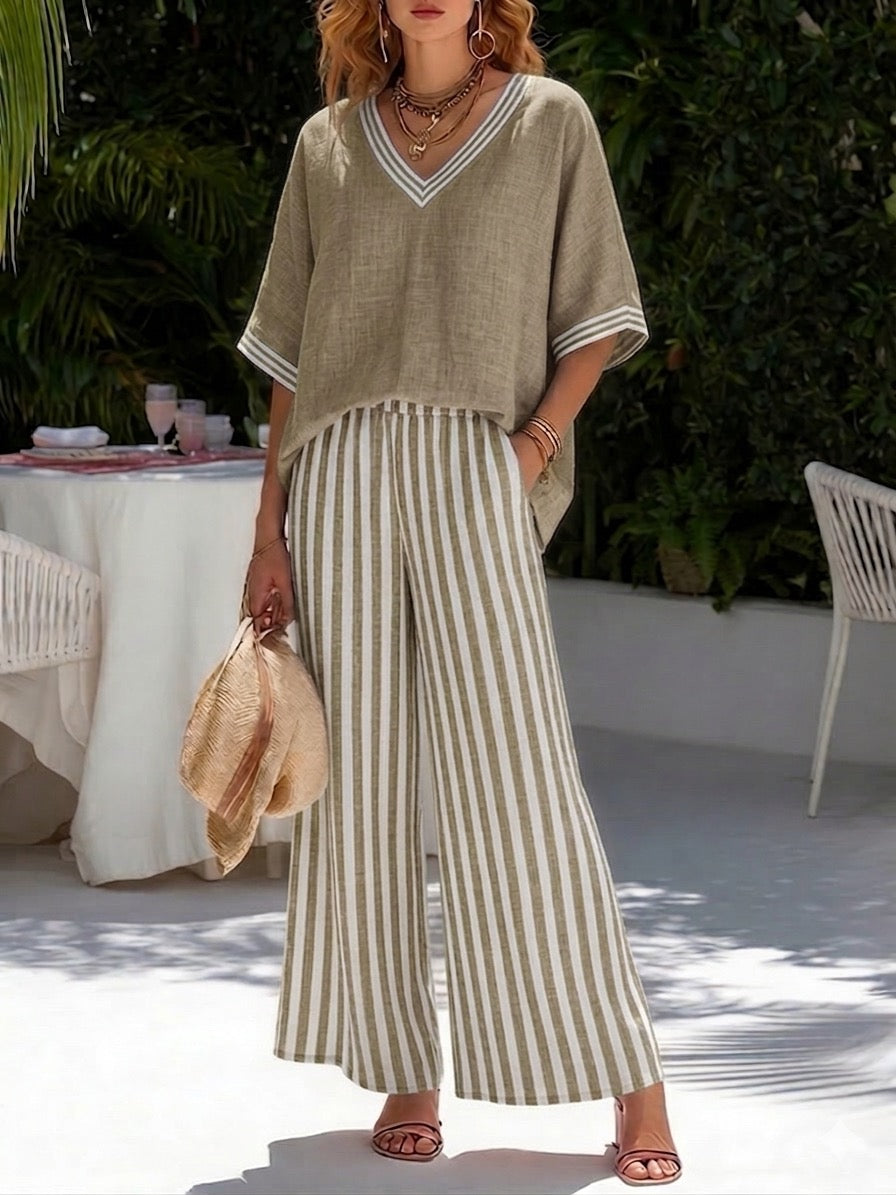 Completo beige: top in lino con scollo a V e pantaloni a righe beige e bianche