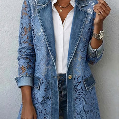 Denim blue blazer with floral lace paneling and button front, long sleeves