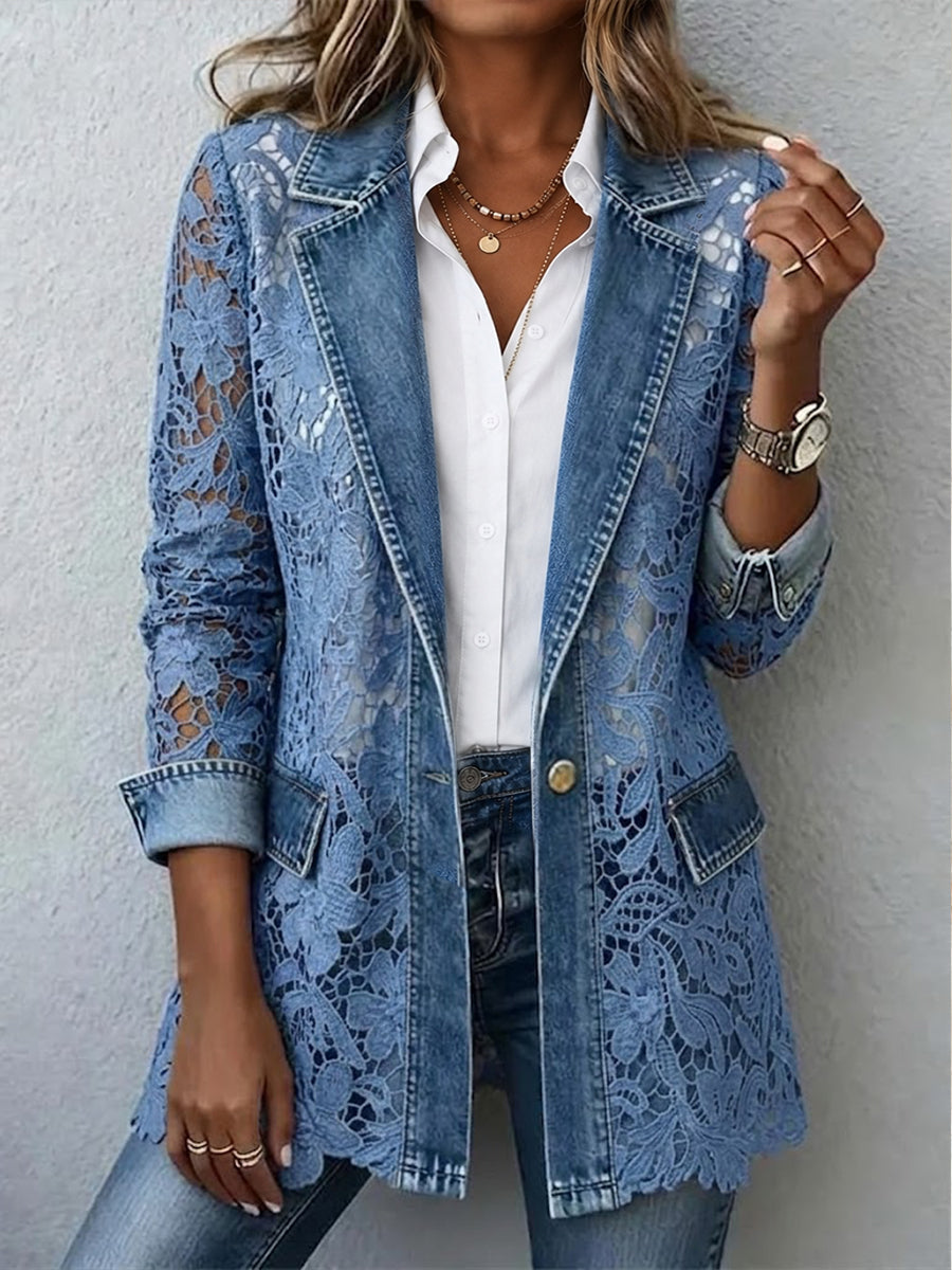 Denim blue blazer with floral lace paneling and button front, long sleeves