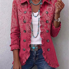 Rose pink paisley ruffle jacket with button front, decorative trims, and rolled sleeves
