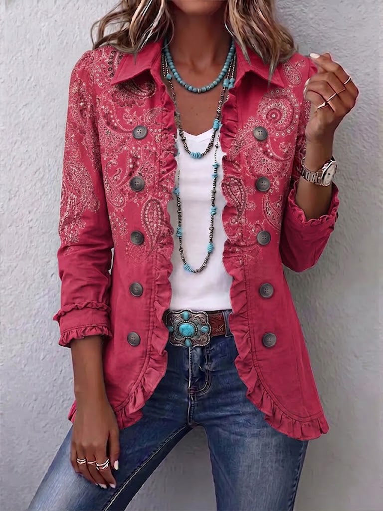 Rose pink paisley ruffle jacket with button front, decorative trims, and rolled sleeves