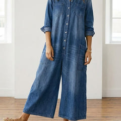 Washed blue denim button-through maxi dress with collar and long sleeves