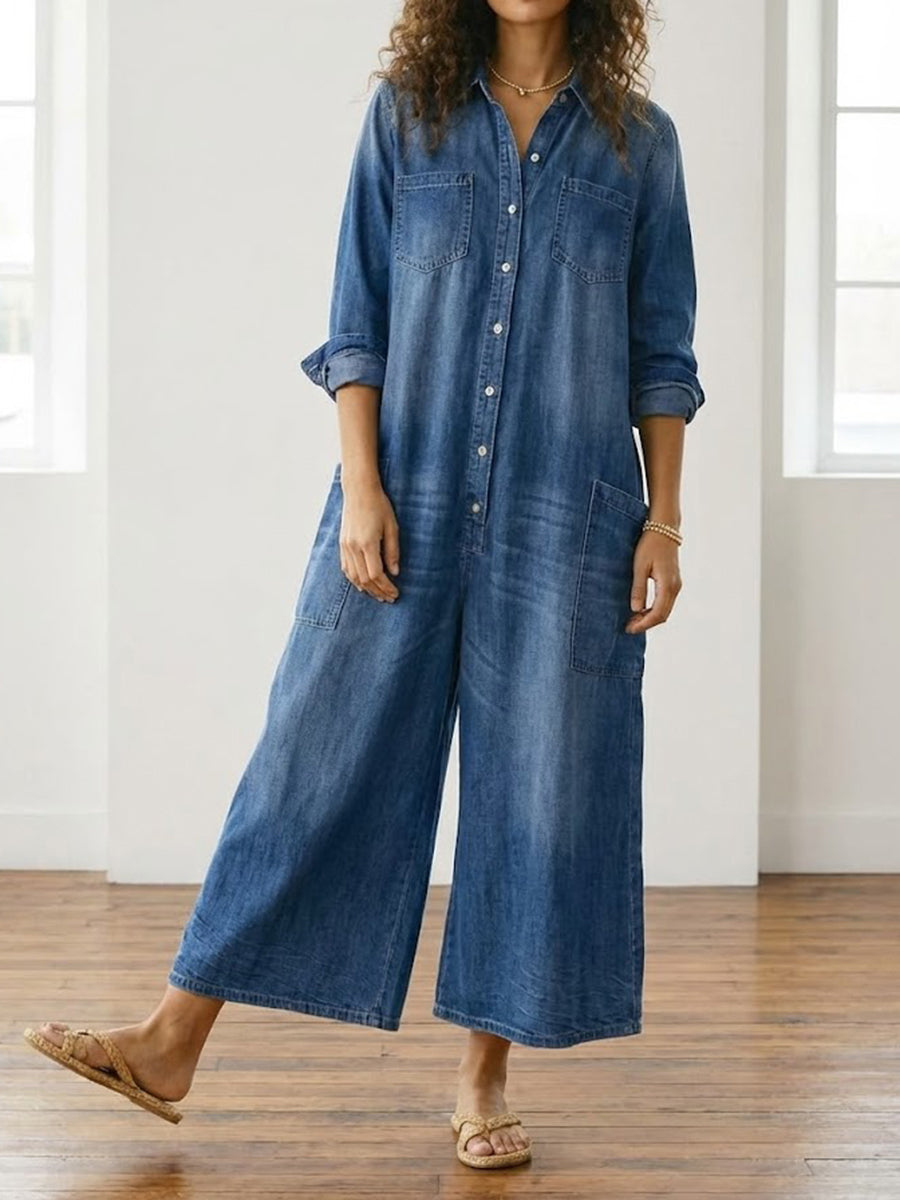 Washed blue denim button-through maxi dress with collar and long sleeves