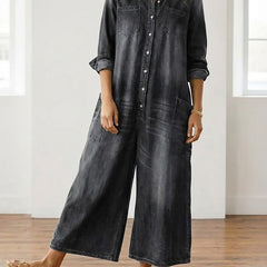 Washed black denim button-through maxi dress with collar and long sleeves
