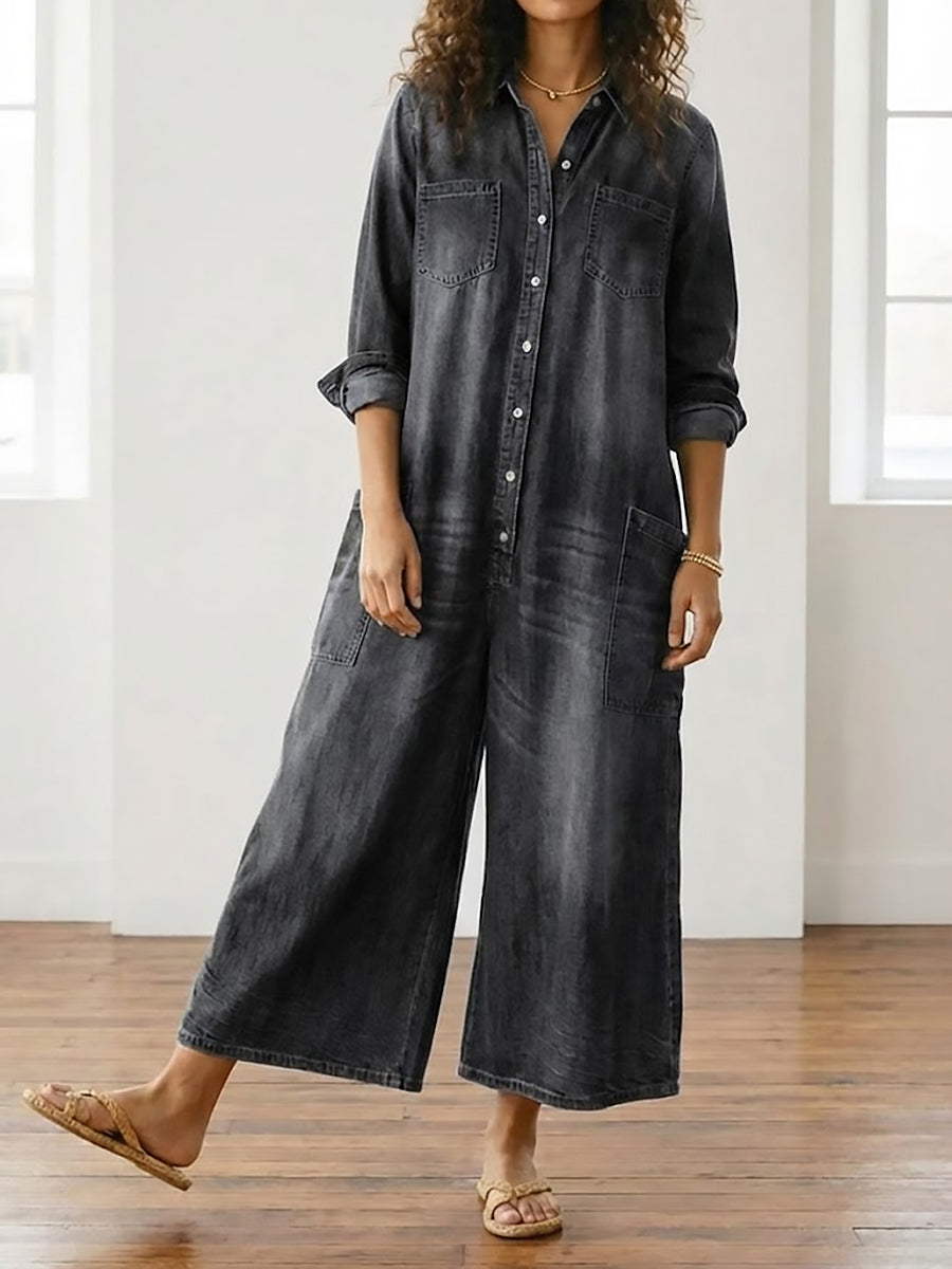 Washed black denim button-through maxi dress with collar and long sleeves