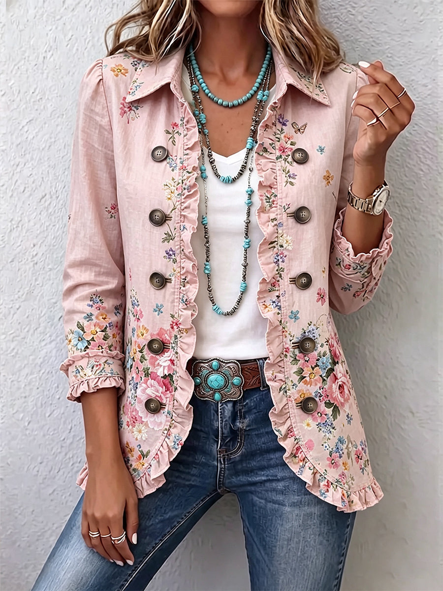 Pink floral ruffle button-front jacket with decorative round buttons and cuffed sleeves
