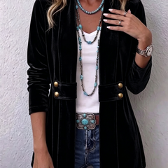 Velvet open-front long-sleeve lapel jacket with gold button accents, black