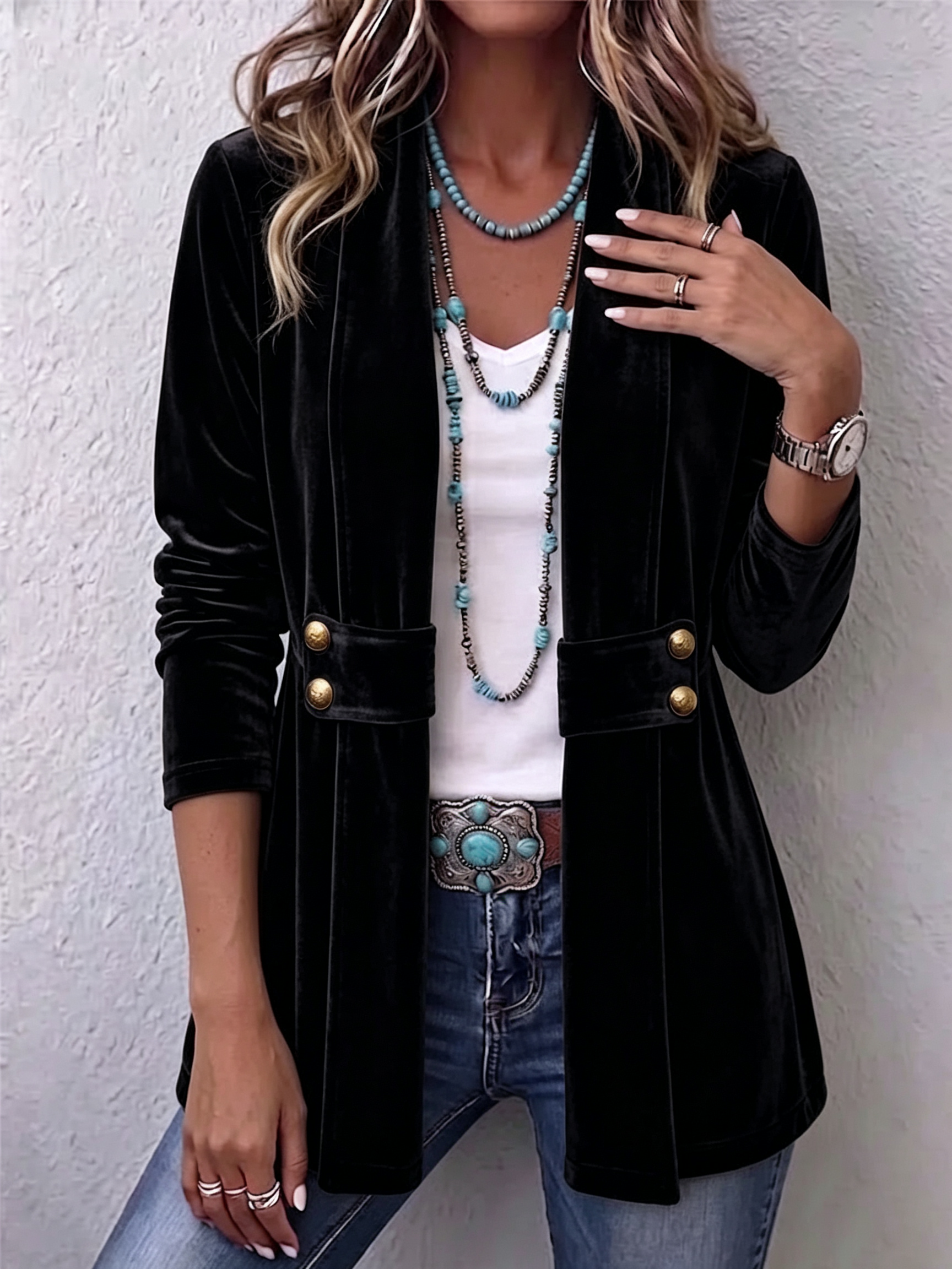 Velvet open-front long-sleeve lapel jacket with gold button accents, black