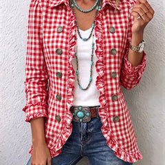 Red gingham ruffled button-down jacket with button cuffs and ruffled placket