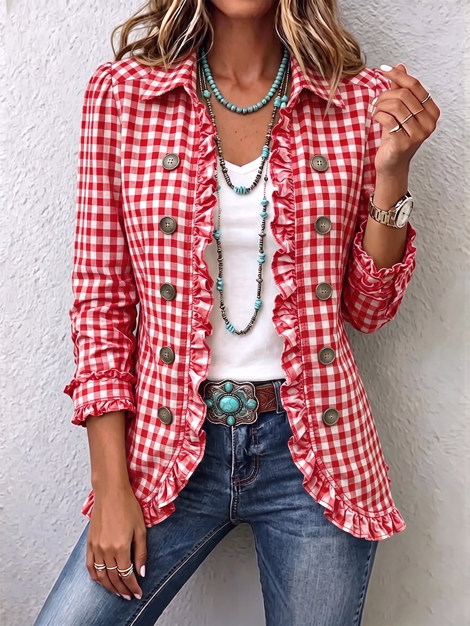 Red gingham ruffled button-down jacket with button cuffs and ruffled placket