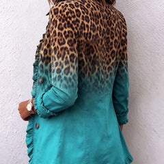 Turquoise ombre leopard blazer jacket with ruffle hem and button cuffs (back view)