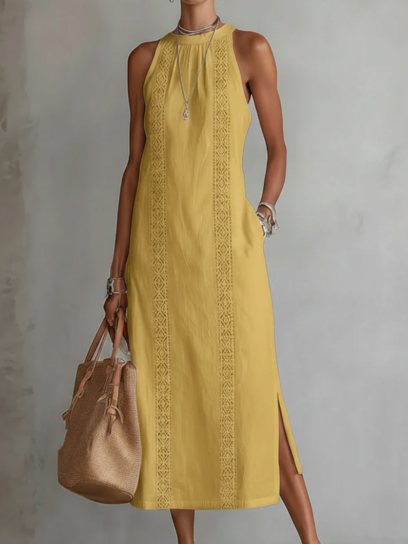 Relaxed embroidered midi dress in yellow with mandarin collar and vertical lace trim