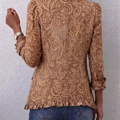 Brown vintage bohemian floral ruffled jacket, back view with decorative print and ruffled hem