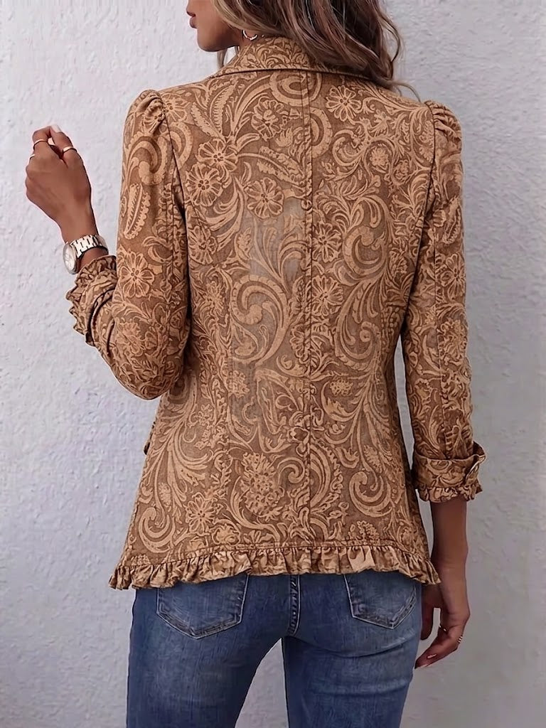 Brown vintage bohemian floral ruffled jacket, back view with decorative print and ruffled hem