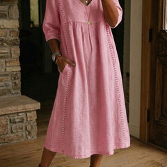 Abito maxi linea A rosa con scollo a V e maniche a 3/4