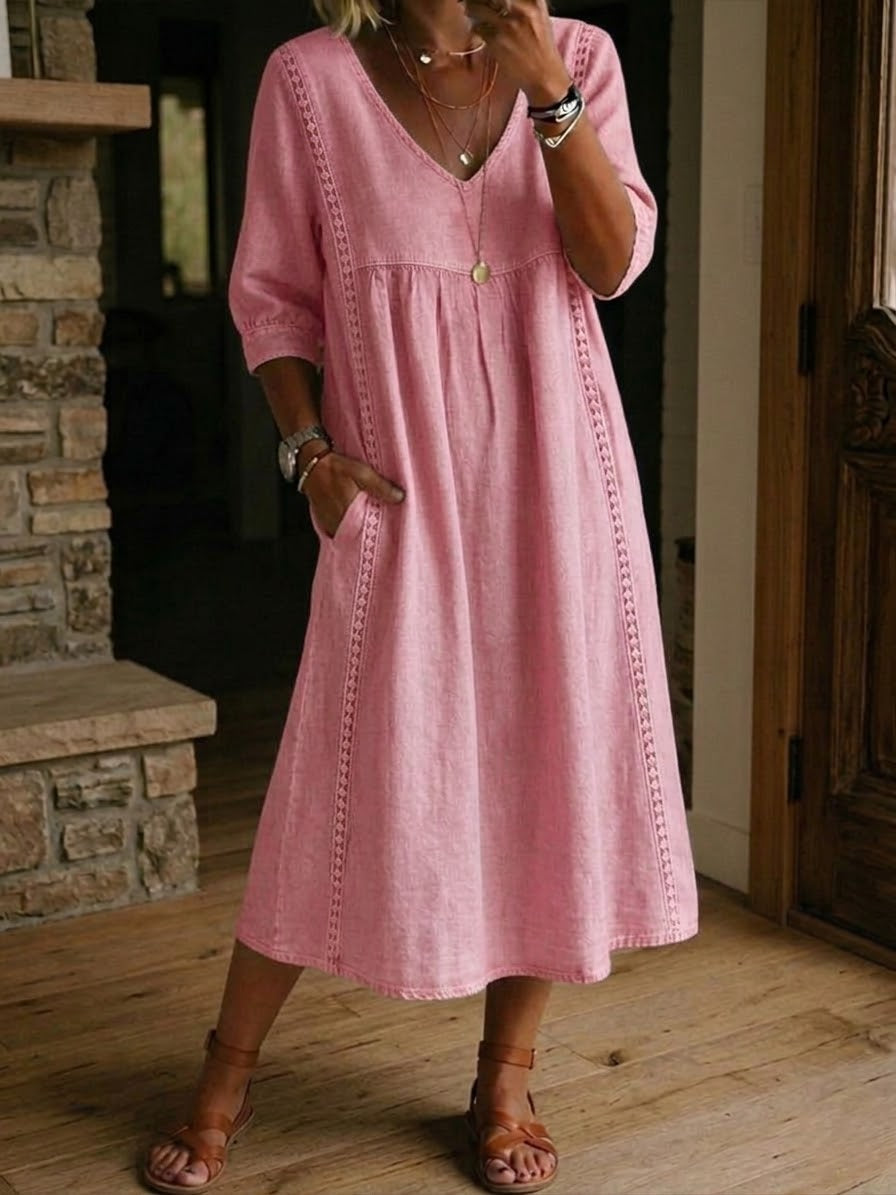 Abito maxi linea A rosa con scollo a V e maniche a 3/4