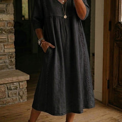 Abito maxi linea A nero con scollo a V e maniche a 3/4