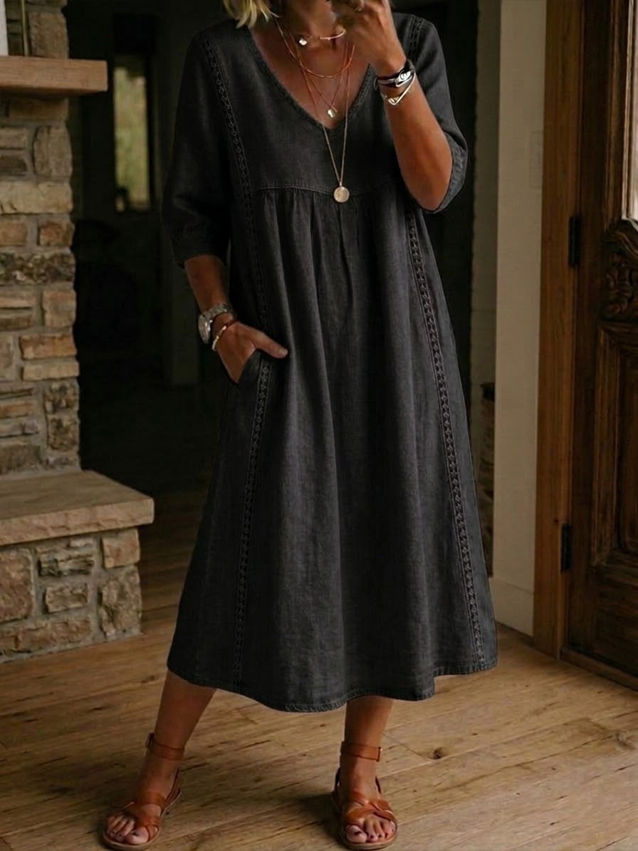 Abito maxi linea A nero con scollo a V e maniche a 3/4